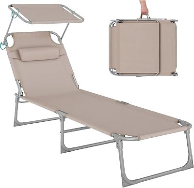 SONGMICS Folding Sun Lounger 193x53x29 cm with Sun Visor Taupe GCB192K01