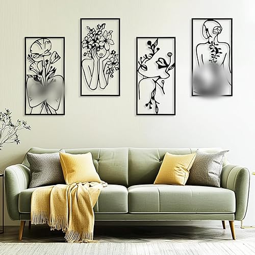 Matutinus Abstract Woman Wall Decor, Minimalist Flower Line Wall Decor, Thickened Modern Aesthetic Metal Wall Art for Living Room Bedroom Bathroom Kitchen (4Pcs, Black,17 x 8.7 in)