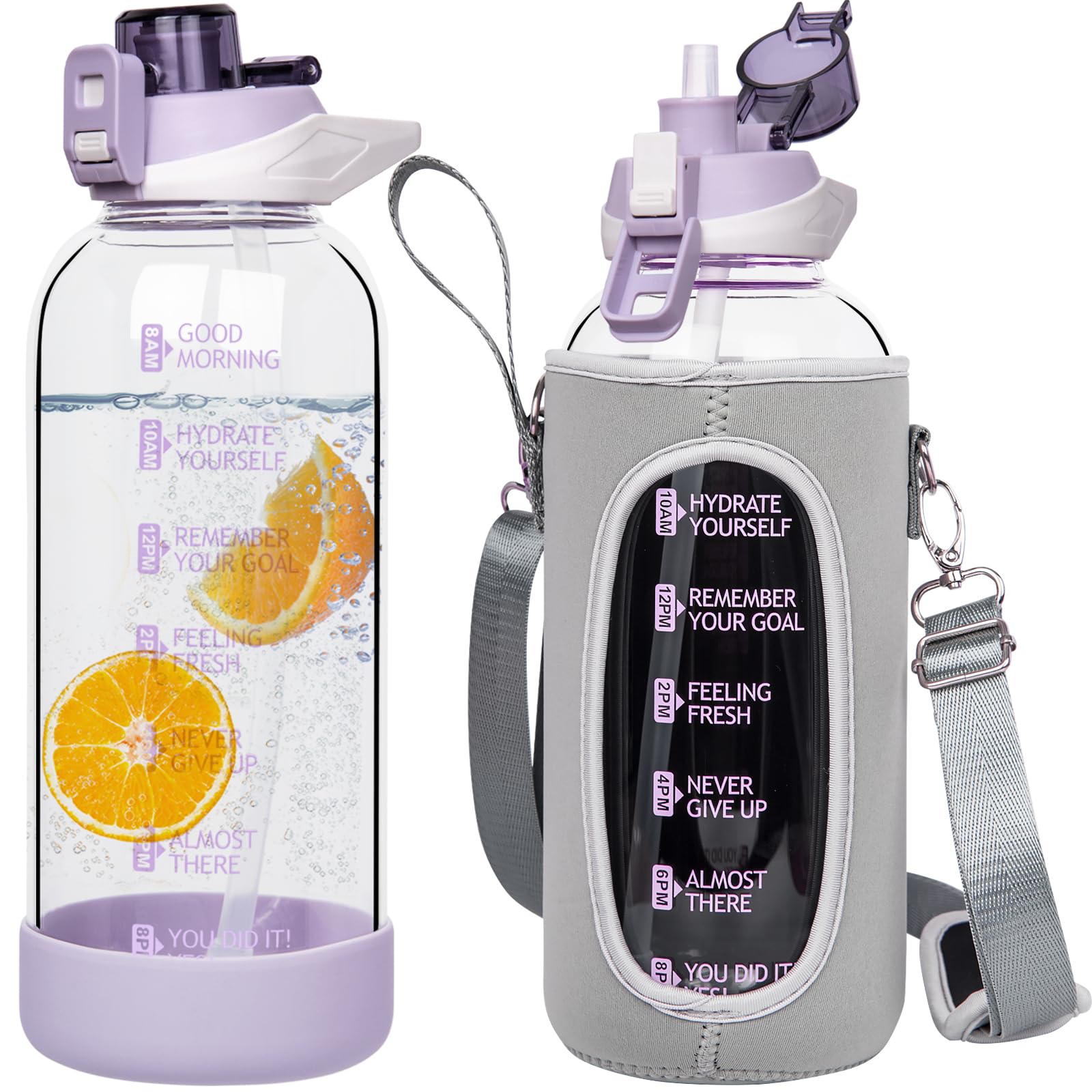 Seekua 1.5l Large Glass Water Bottle with Straw & Time Markings 1.5 litre Big Motivational Glass Drinking Bottle BPA free Leakproof