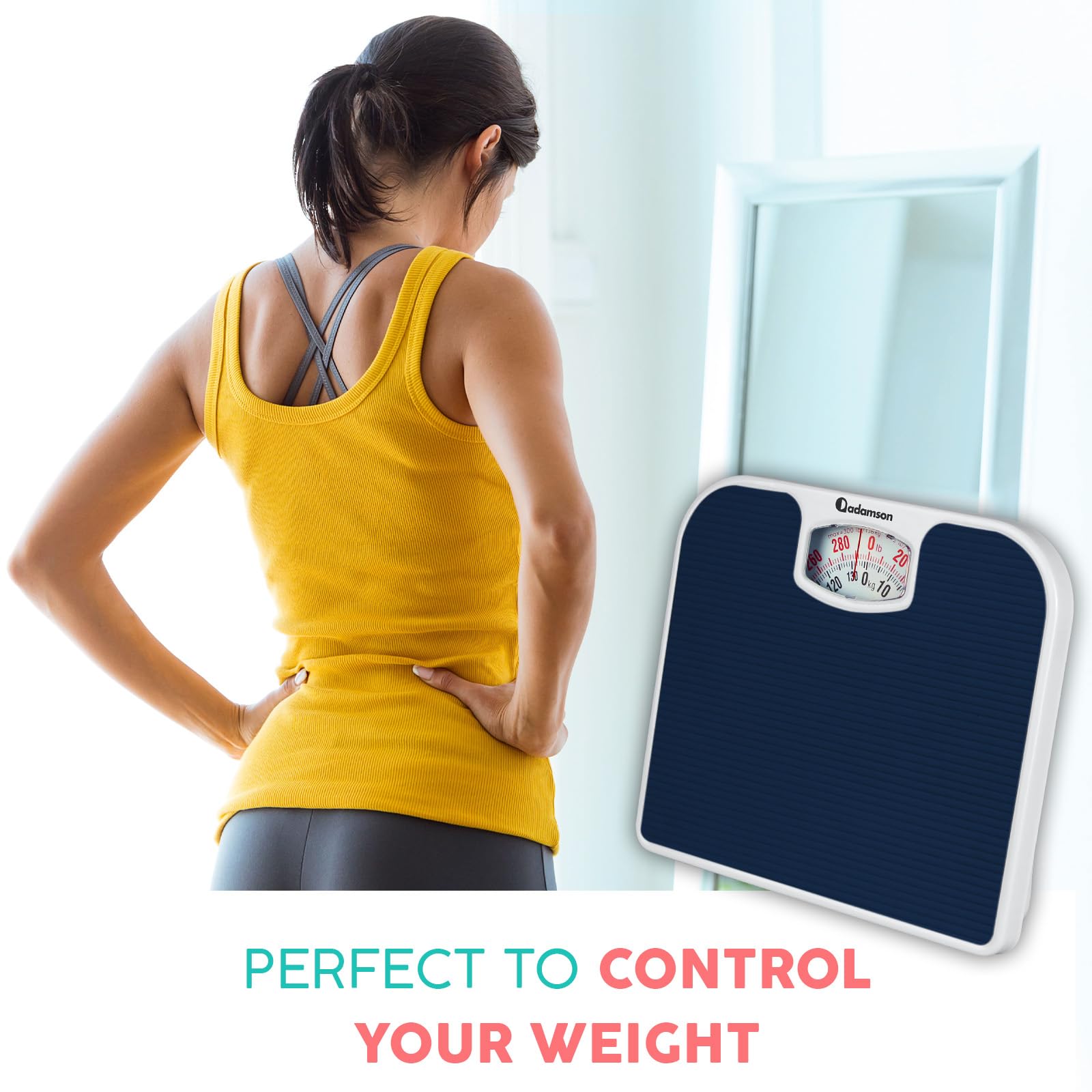 Adamson A21 Analog Scales for Body Weight - Up to 300 LB - New - Anti-Skid Rubber Surface + Large Numbers - Analog Bathroom Scale - Affordable - Durable with 20-Year Assurance - Blue