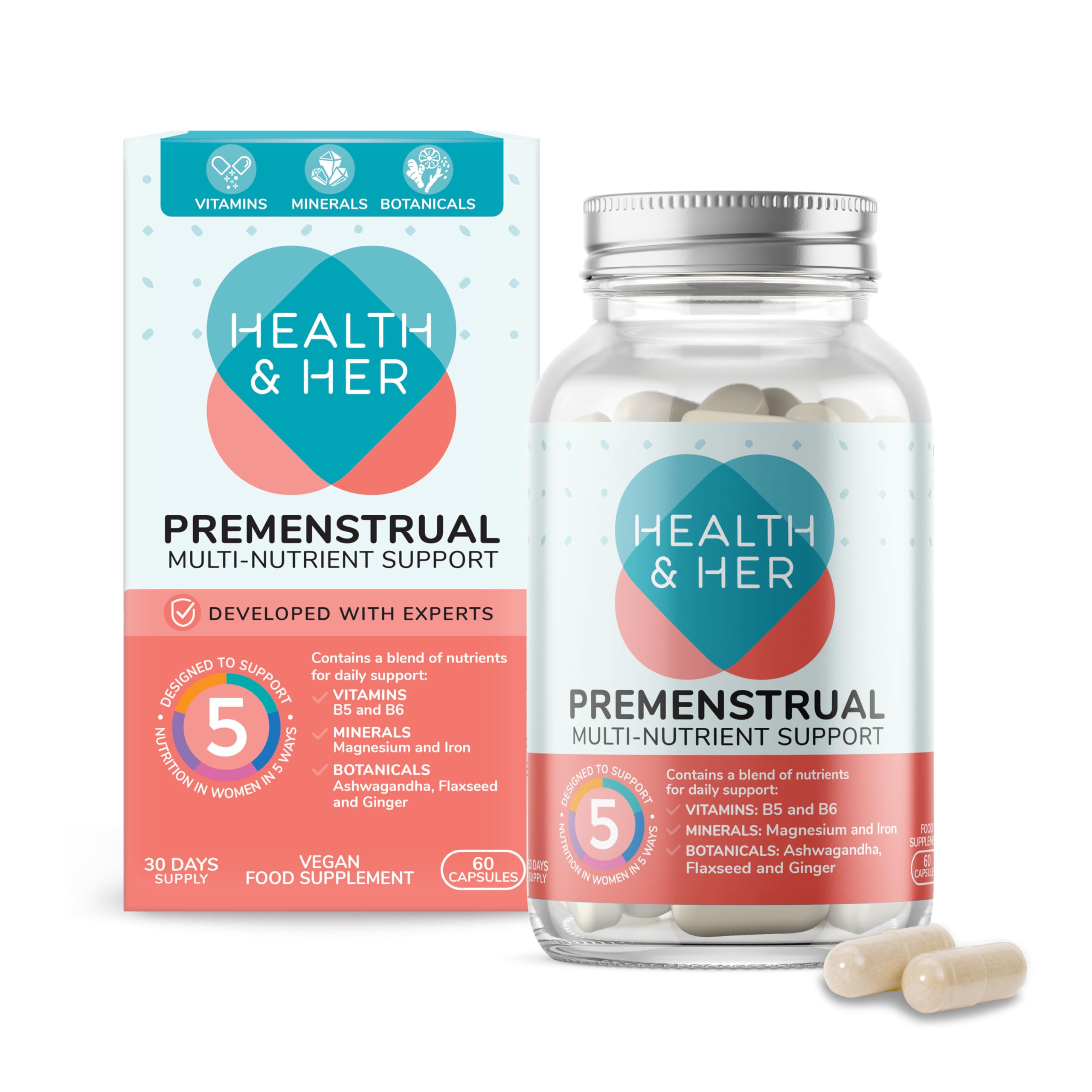 Health & Her Premenstrual Supplements for Women - with Ashwagandha, Flaxseed and Ginger Root - 1 Month Supply, 60 Capsules - Vegan & Gluten Free