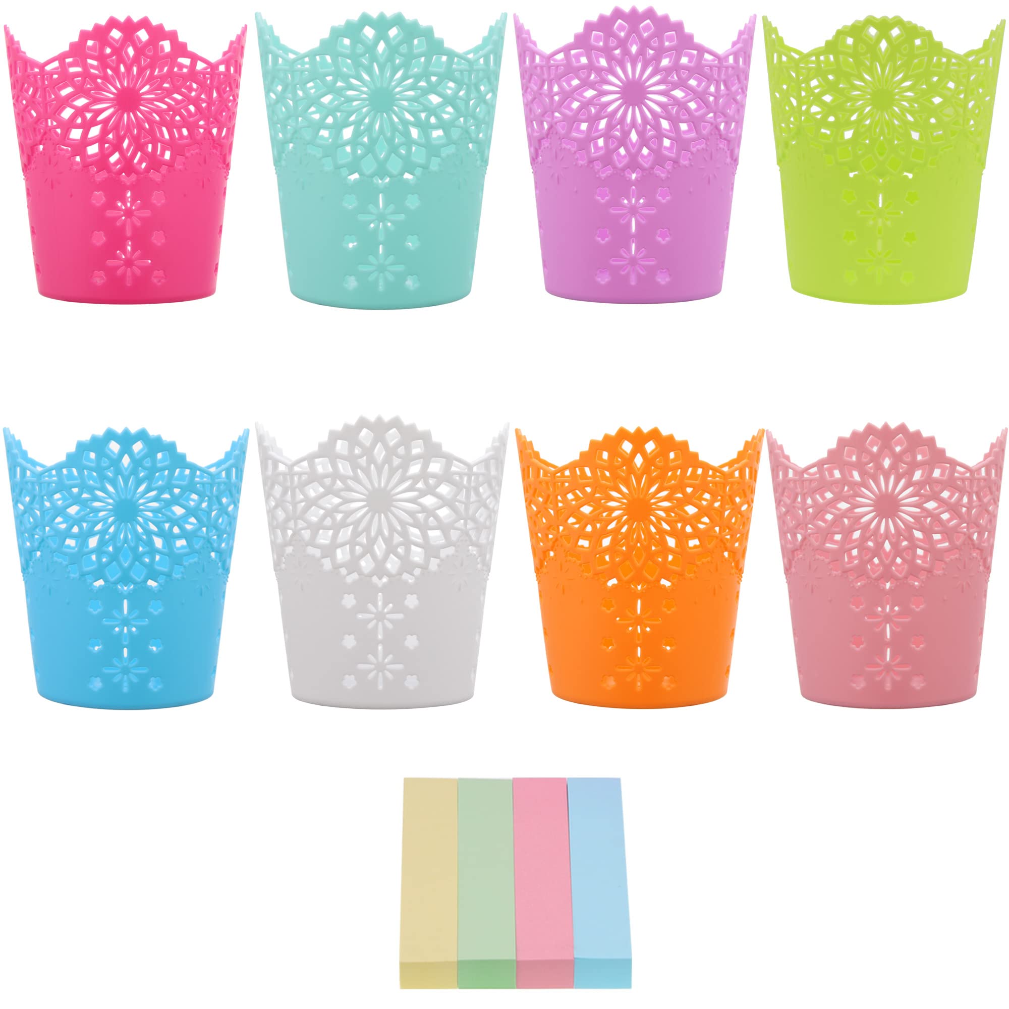 OKVGO 8pcs Set Pencil Holder Cup, Lovely Cute Plastic Hollow Flower Pencil Pots for Office School and Home Pen Ruler Stationery Makeup Brush Storage Organizer with 400pcs Sticky Notes Random Colour