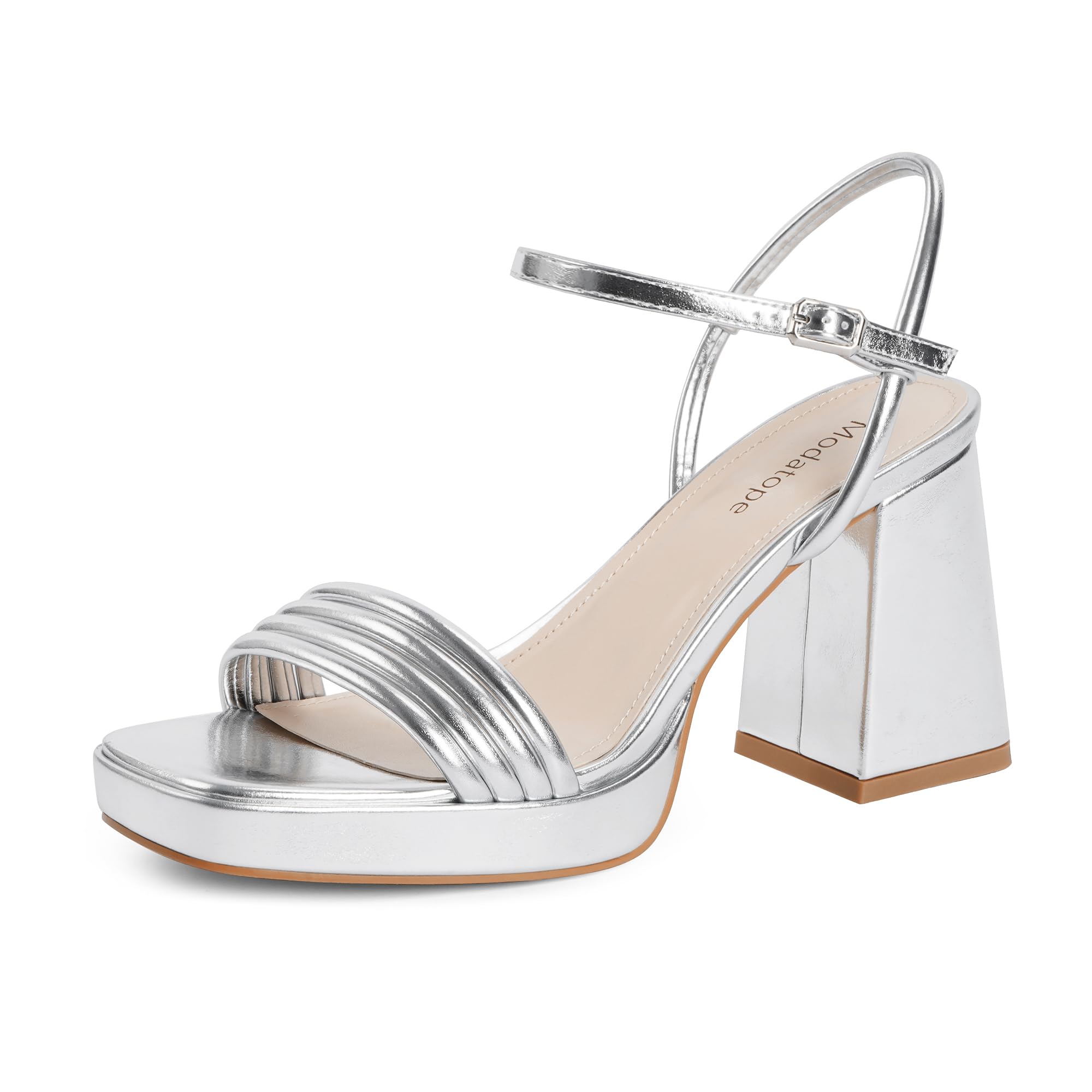 Photo 1 of Modatope Silver Platform Heeled Sandals, Women's Size 9, Ankle Strap, Square Toe, Chunky Heel, Faux Leather, Casual and Bridal Occasions