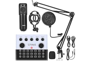 SINWE F993 All-in-One Podcast Equipment Bundle，BM-800 Recording Studio Package with Voice Changer, Live Sound Card - Audio Interface for Vlog/Live Streaming/Singing/YouTube/Gaming(White)