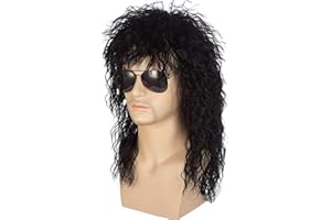 MAN SI Black Long Curly Wig 70s 80s Mullet Wig Punk Heavy Metal Rock Cosplay for Men and Women Wigs
