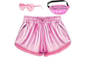 PARTTELY Metallic Shorts for Women Elastic Drawstring Shiny Hot Short Sparkly Rave Party Pants with Sunglasses and Fanny