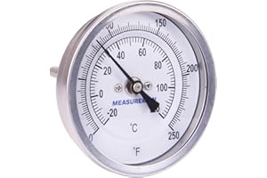 Measureman Fully Stainless Steel Pot, Kettle, Brewing Bimetal Thermometer, 3" Dial, 2-1/2" Stem, 0-250 deg F/-20-120 deg C, -