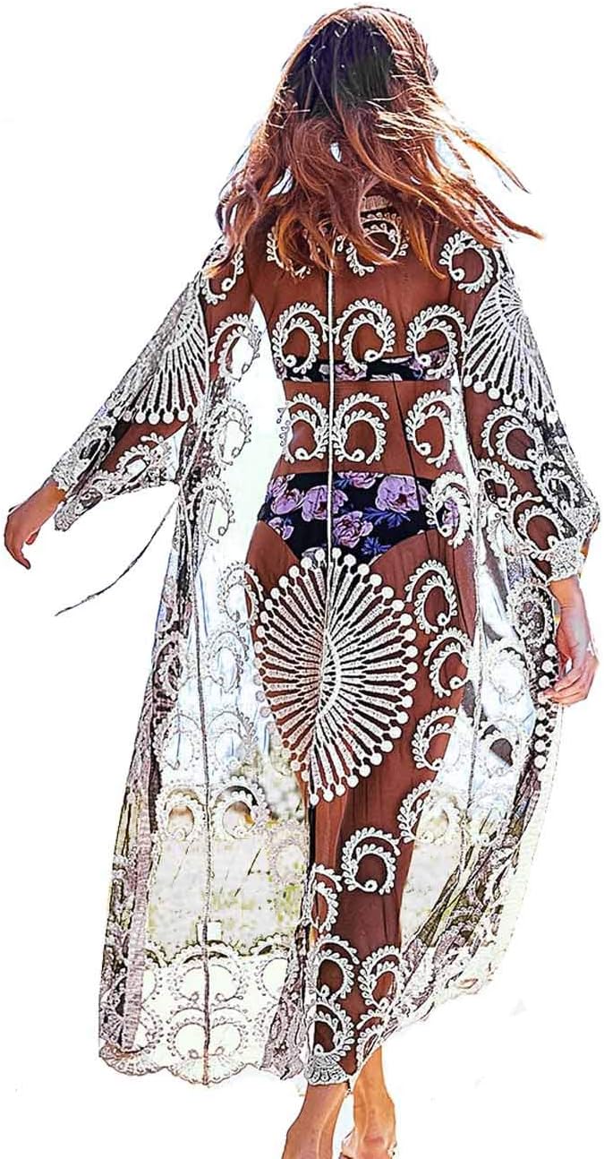 Sexy Kimonos for Women Bikini Beach Cover ups Lace Crochet Long Sheer Dusters Black White