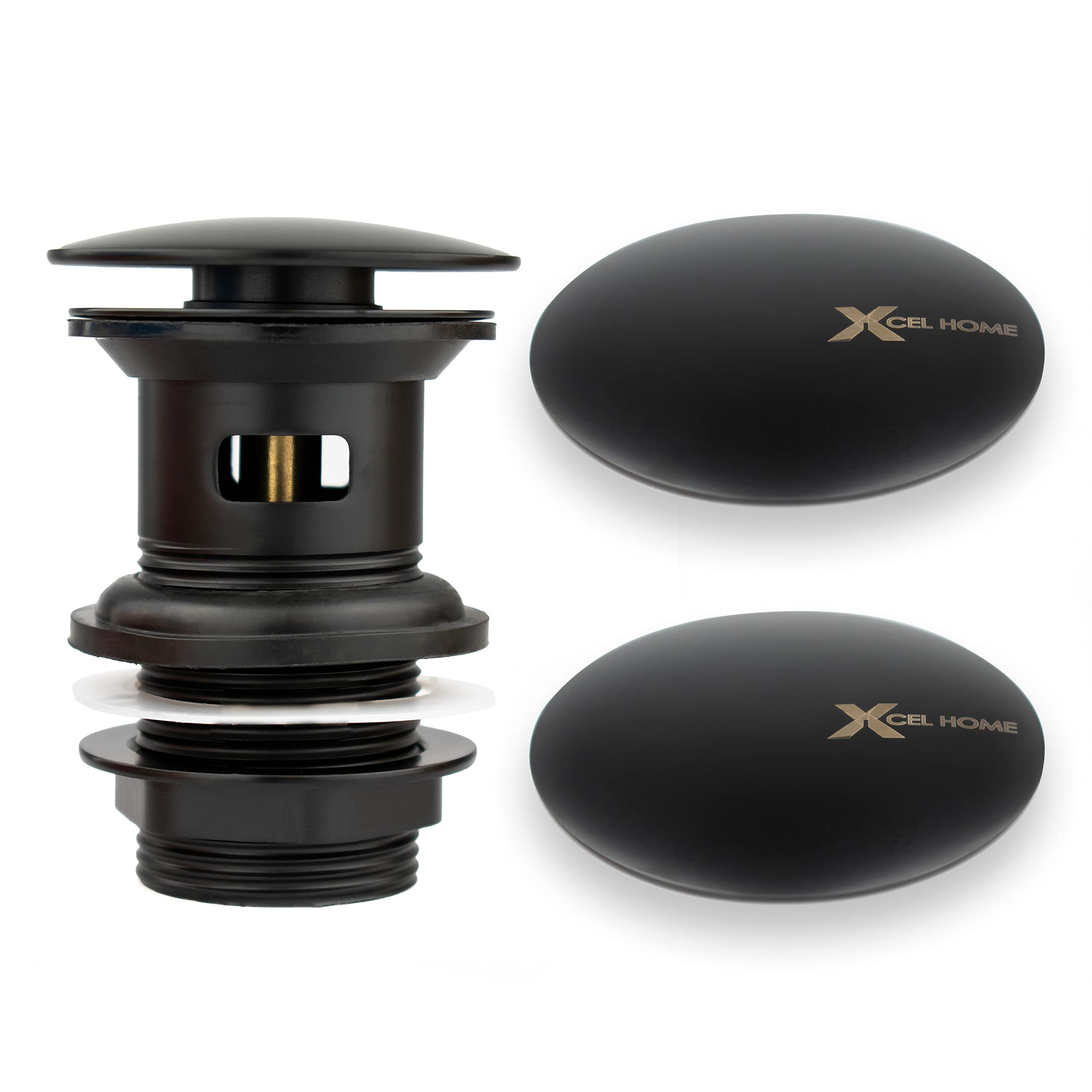 Xcel Home™ Black Replacement Slotted Basin Pop-Up Waste | with 2 Spare Plug Lids | Click-Clack Mushroom Dome Spring Trap with Overflow for Bathroom Sink Solid Brass Construction Sprung Plug