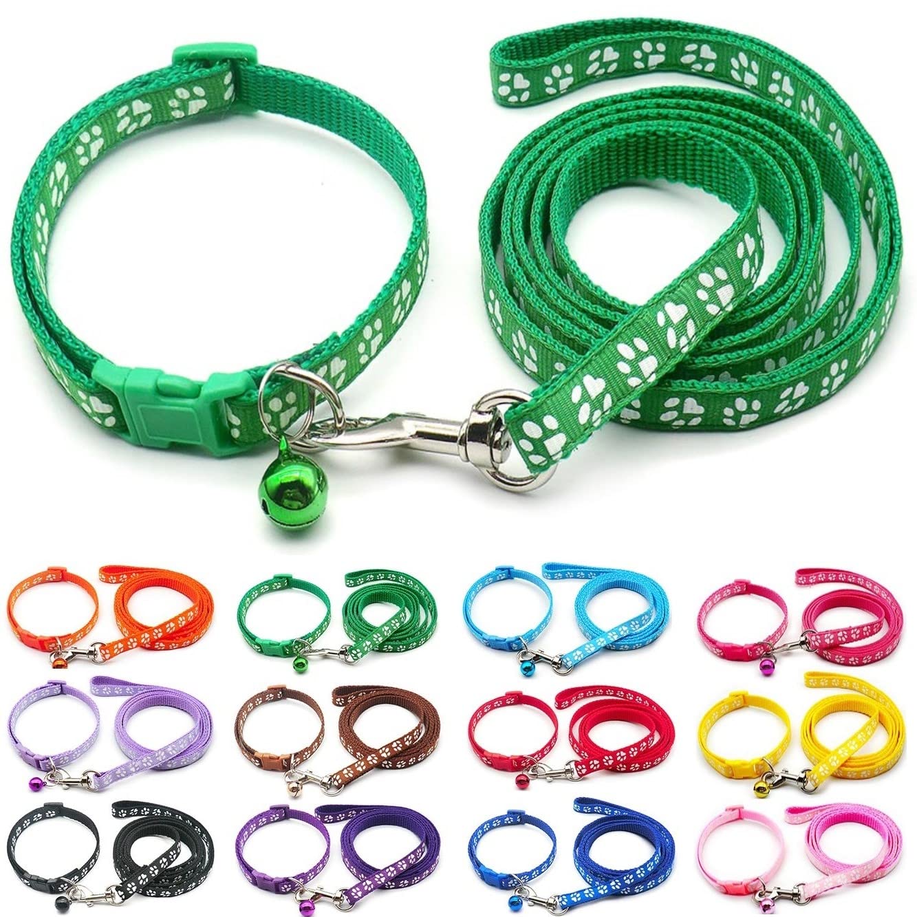 Small Dog Puppy Pet Collar and Lead Set Pawprint Design Nylon Adjustable Size 19-32cm Collar with Bell and 120cm Leash Green