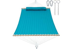 Gafete Double Quilted Fabric Hammock with Spreader Bar, Fits 12-14ft Hammock Stand, 2 Person 14ft Hammocks for Outside, Large Removable Pillow, Storage Bag, Carabiners, Max 475 lbs Capacity (Aqua)