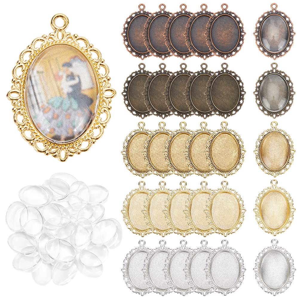 PandaHall Elite - Set of 30 DIY Pendant Sets Zinc Alloy Pendant Supports and Oval Clear Glass Cabochons for Jewellery Making, 5 Colours, Tray: 25 x 18 mm