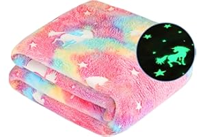 WESAN Glow in The Dark Blanket Unicorn Gifts for Kids Girls Teen Birthday Christmas Halloween Present Light Up Rainbow Unicorn Bedroom Bed Decor Fun Soft Fluffy Plush Glowing Throw Pink 50"x60"