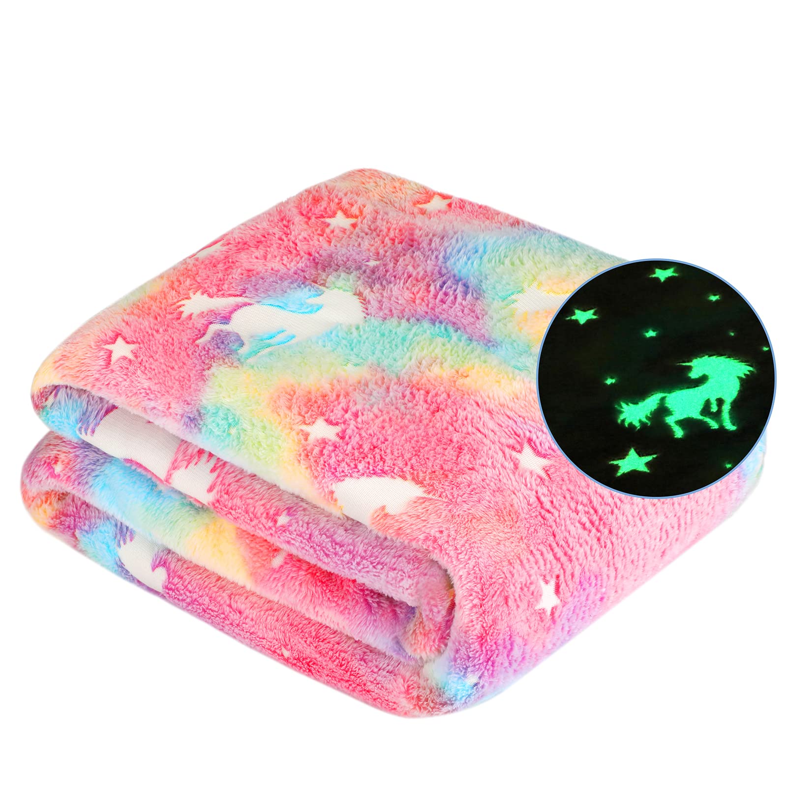 Photo 1 of Glow in The Dark Blanket Unicorn Gifts for Kids Girls Teen Birthday Christmas Halloween Present Light Up Rainbow Unicorn Bedroom Bed Decor Fun Soft Fluffy Plush Glowing Throw Pink 50"x60"