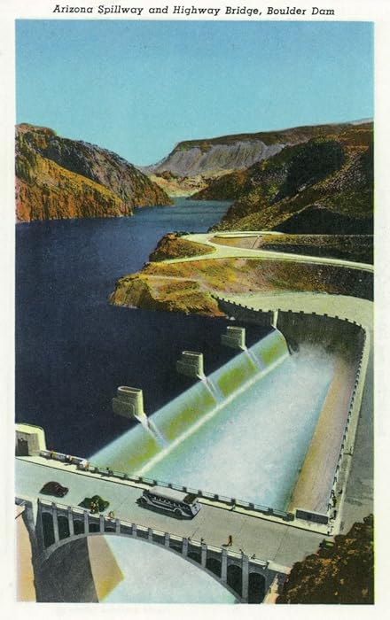 Hoover Dam, Nevada - View of the Arizona Spillway and the Highway Bridge Scene (16x24 Fine Art Giclee Gallery Print, Home Wall Decor Artwork Poster)