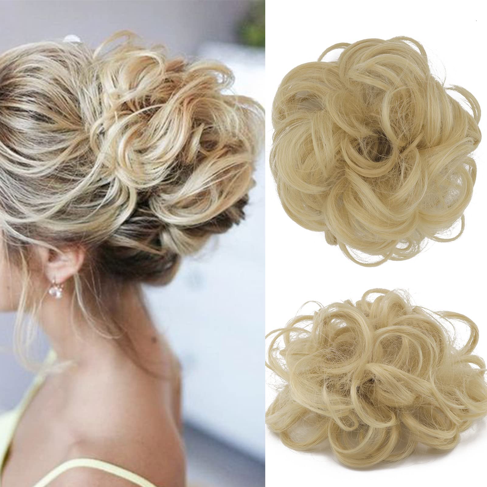 Cybelleza Messy Bun Hair Piece Curly Hair Scrunchies Thick Messy Hair Bun Updo Hairpiece Synthetic Ribbon Ponytail Extensions Donut Chignons Wavy Wig for Women Girls, 35g Butter Blonde
