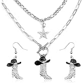 SyhirNmly 3Pcs Cowgirl Necklace Earrings Western Jewelry Set for Women, Silver Cowgirl Boot Earrings, Sparkly Rhinestone Cowboy Enamel Hat Boot Star Choker Pendant Stackable Necklace