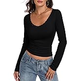 Womens V Neck Lace Sexy Long Sleeve Shirts Basic Fitted Going Out Tops Y2K Casual Fall Outfits