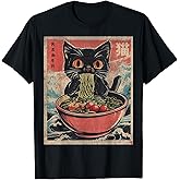 Anime Shirt For Men Women Kids Cat Ramen Noodles Unisex Anime Cat Ramen Japanese Funny Graphic Tees Kawaii Cat Anime Gifts T-Shirt Black XS