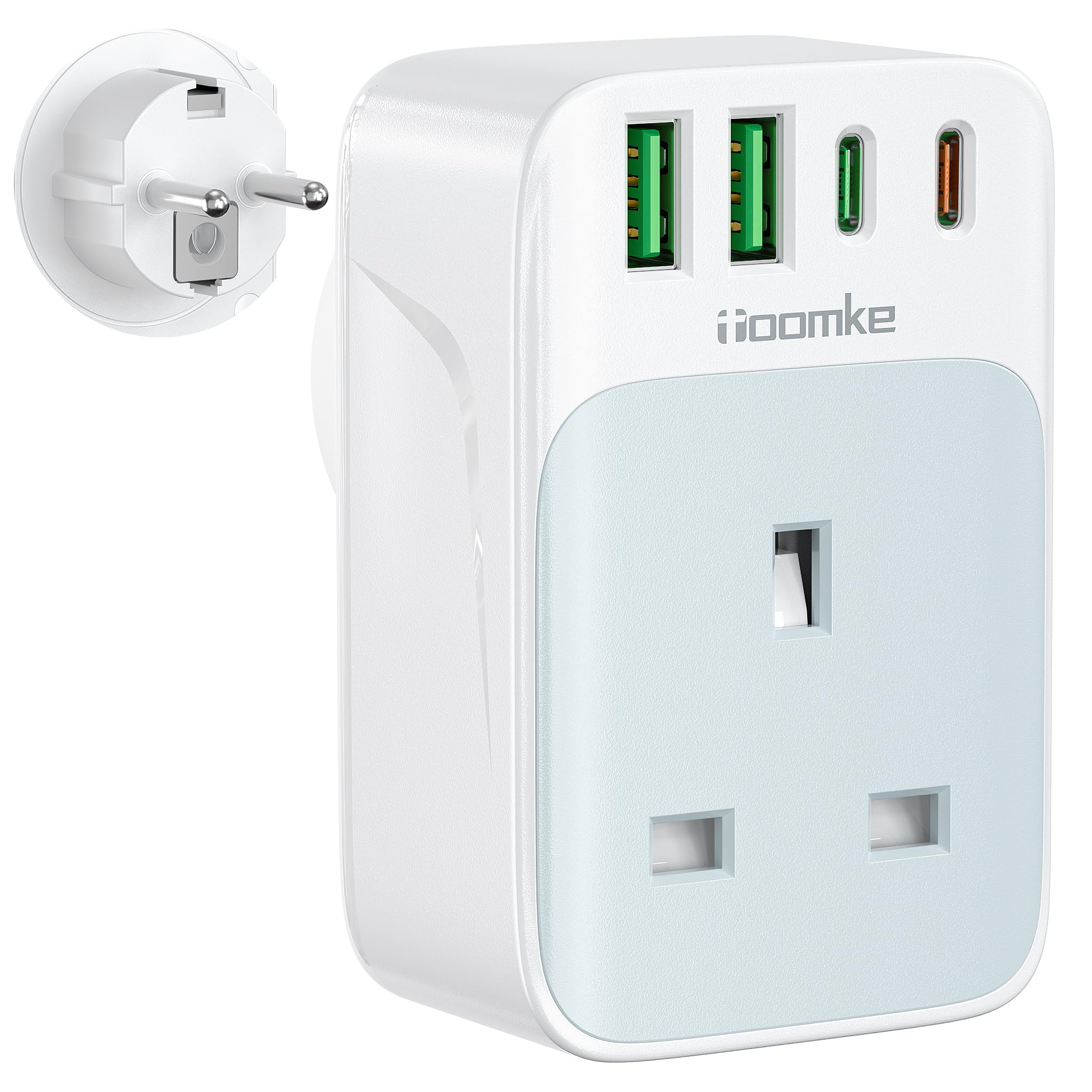 UK to European Adapter Plug, PD 35W Fast Charge USB C European Travel Adapter with 4 USB Ports, UK to EU Plug Adaptor for Germany France Spain Turkey Iceland Greece Poland and More(Type E/F)