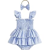 Douhoow Baby Girl Plaid Romper Flying Sleeve Ruffle Baby Dress Romper Infant Girl Summer Clothes with Headband