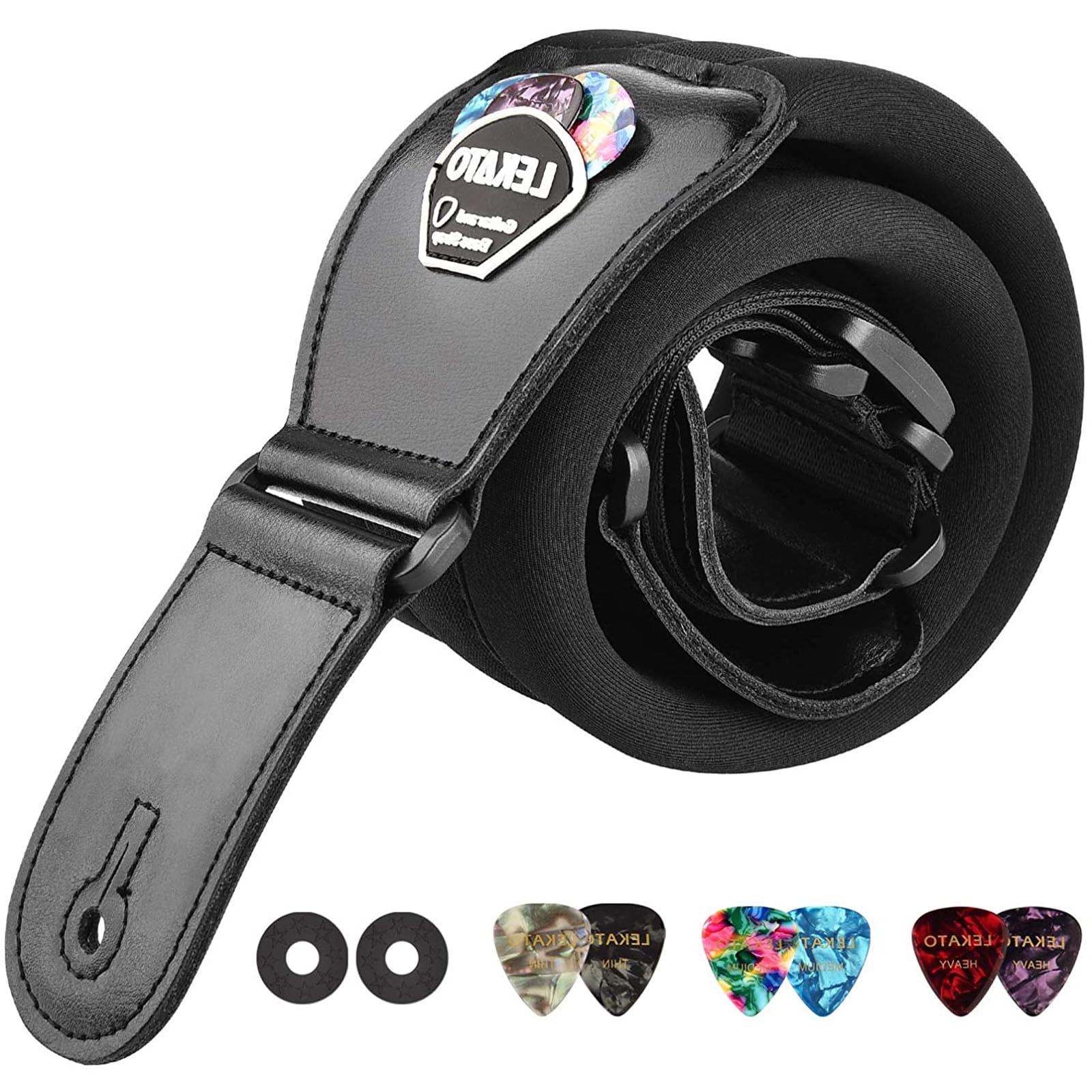 LEKATO Memory Foam Padded Guitar Strap with Genuine Leather Ends 3’’Wide Comfortable Shoulder Straps Adjustable Length from 50" to 61" for Bass Electric Guitars with 6 Picks (50" to 61"(Long), Black)