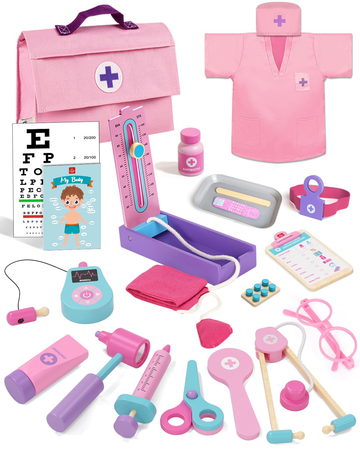 Lehoo Castle Doctors Set for Kids, 3 Year Old Girl Toys, Wooden Kids Doctors Kit with Nurses Costume, Toys for Girls 3+ Years（Pink）