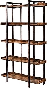 Rolanstar Bookshelf Bookcase, 5-Tier 6 Foot Etagere Bookshelf, Metal and Wood Industrial Bookshelf, Free Standing Open Storage Display Shelves Organizer