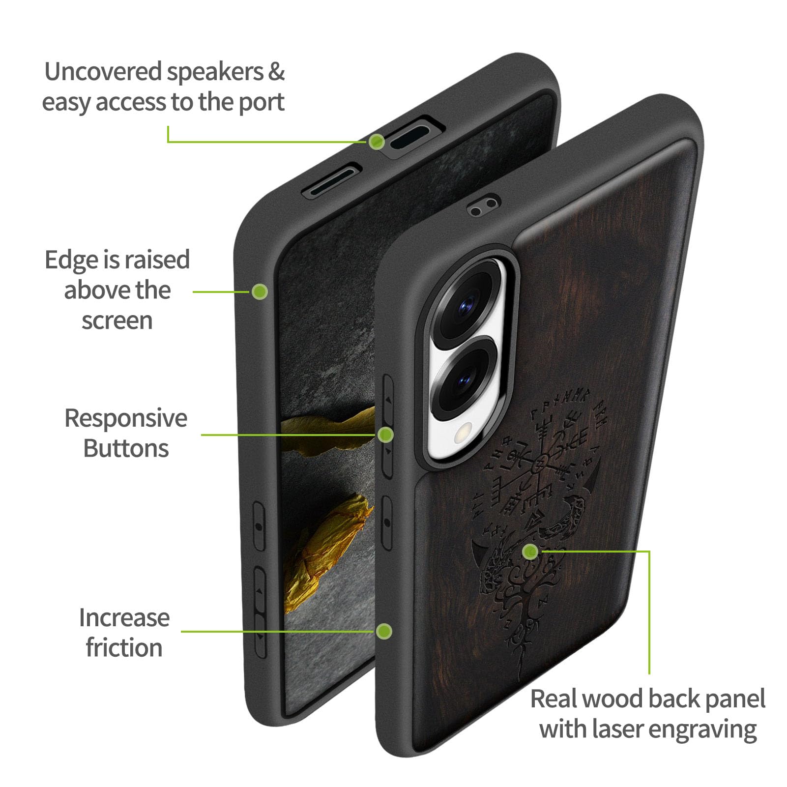Carveit Holz Cover für Samsung S25 Edge hülle, Handyhülle kompatibel MagSafe Silikon Stoßfeste Case, Magnetisch Hull für Galaxy S25 Edge Handyhulle（Dunklesholz-Wikingerkompass Vegvisir） 6