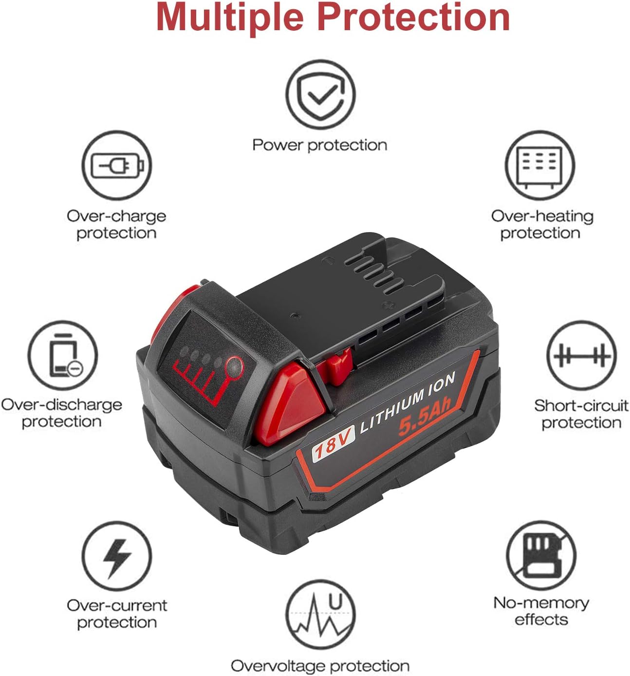 LabTEC 2 Packs 18V 5500mAh Lithium Battery Replacement for Milwaukee 18V Battery for M18 48-11-1840 48-11-1828 48-11-1820 48-11-1815 48-11-1850 Cordless Power Tool BATTERY - Image 5