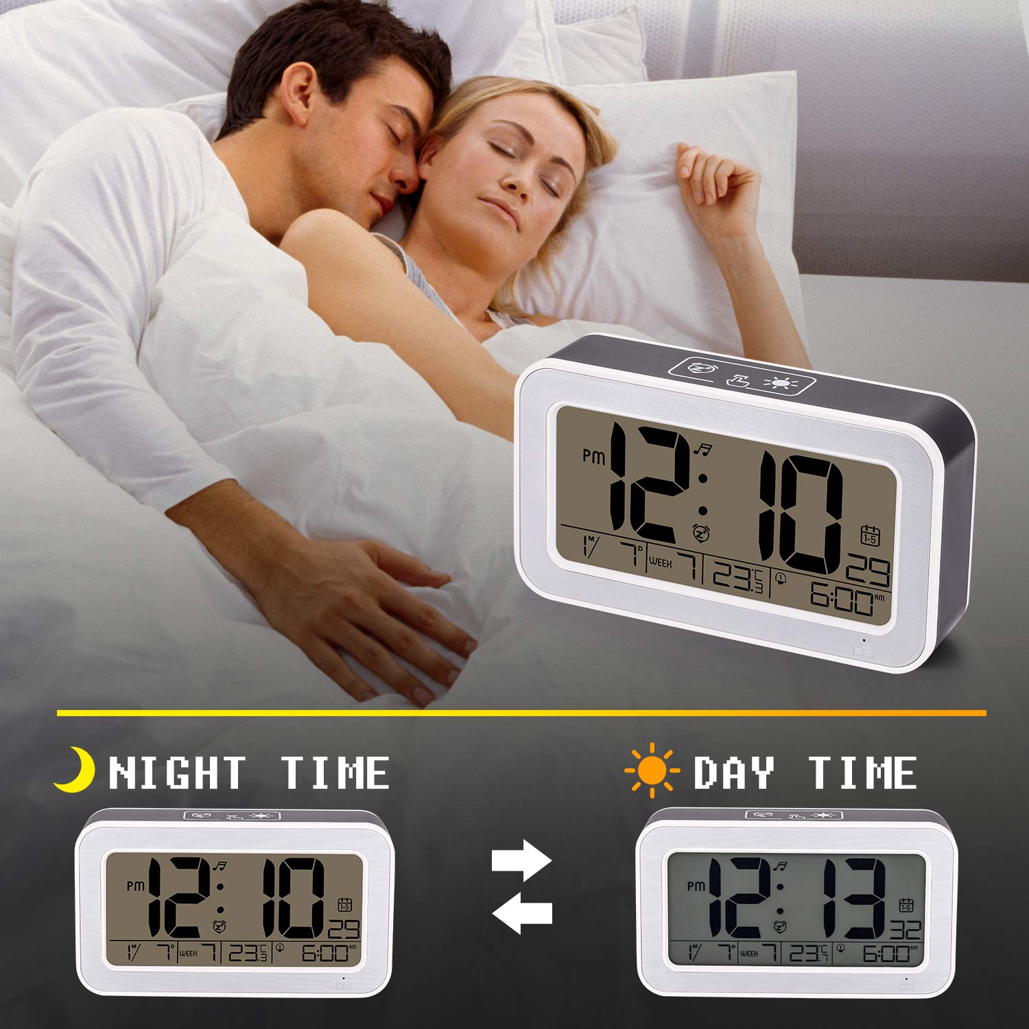 LCD Music Alarm Clock, Digital Clock for Bedroom with Dimmer, Snooze,Rechargeable Clock with Dual Alarm, Smart Touch Backlight,Adjustable Alarm Volume