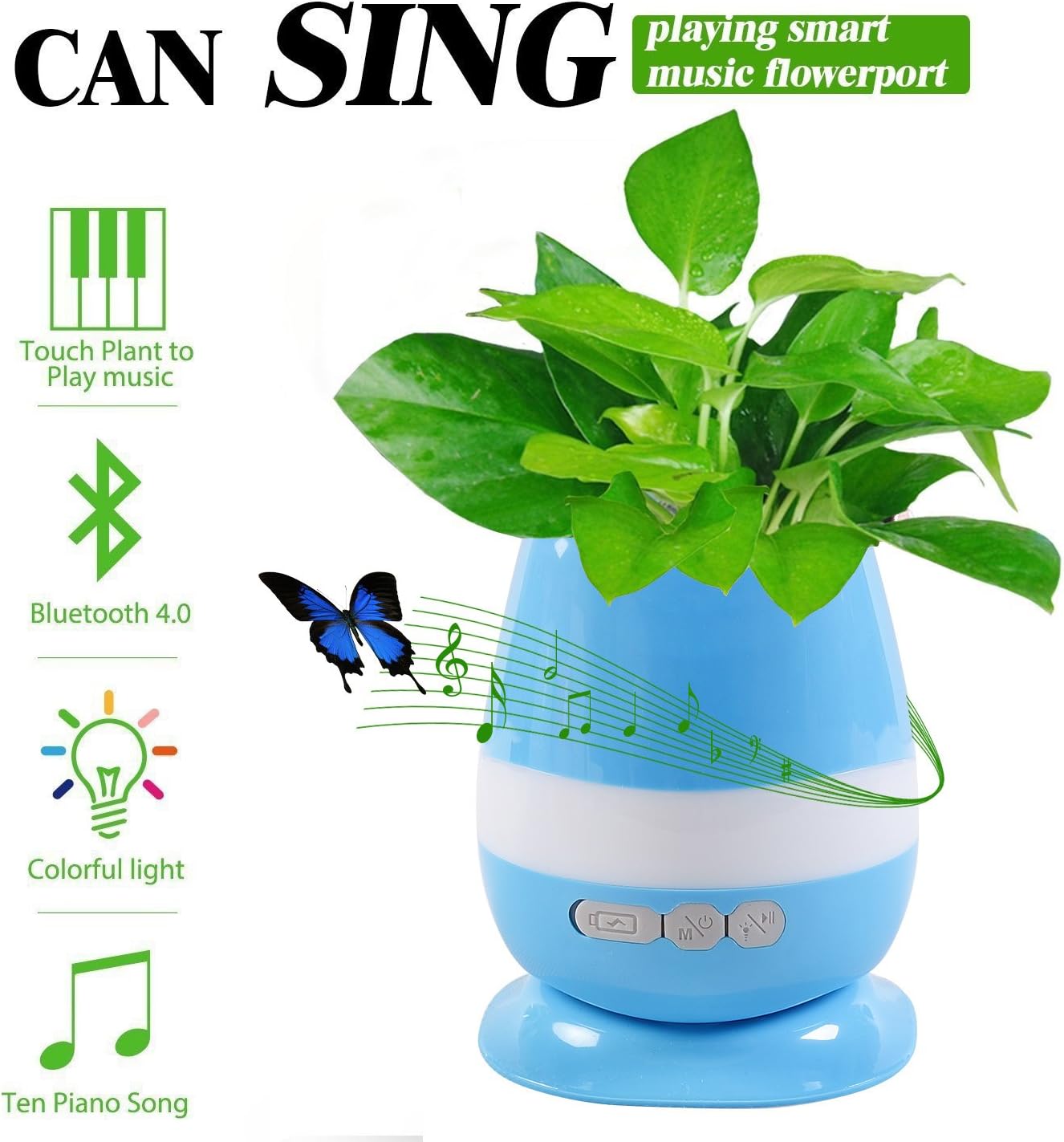 INVENBER Portable Wireless Speaker, Multi-functional LED Rechargeable Smart Music Flower Pot with Anti-overflow Tray (Blue)