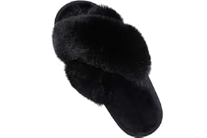 Comwarm Women's Cross Band Fuzzy Slippers Fluffy Open Toe House Slippers Cozy Plush Bedroom Shoes Indoor Outdoor