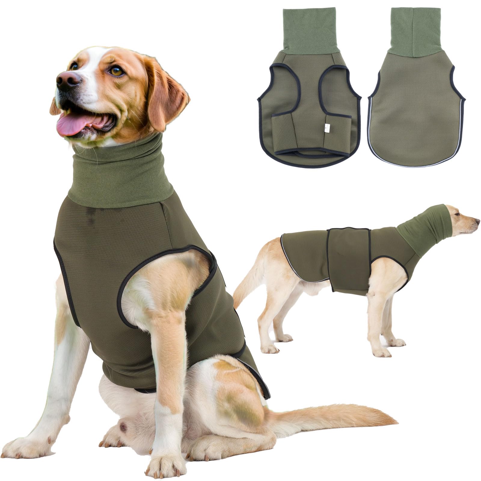 TOPSOSO Dog Anxiety Jacket Turtleneck High Collar Dog Calming Hoodie Breathable Mesh Adjustable Touch Fastener Anxiety Relief with Reflective Strip - Olive XS