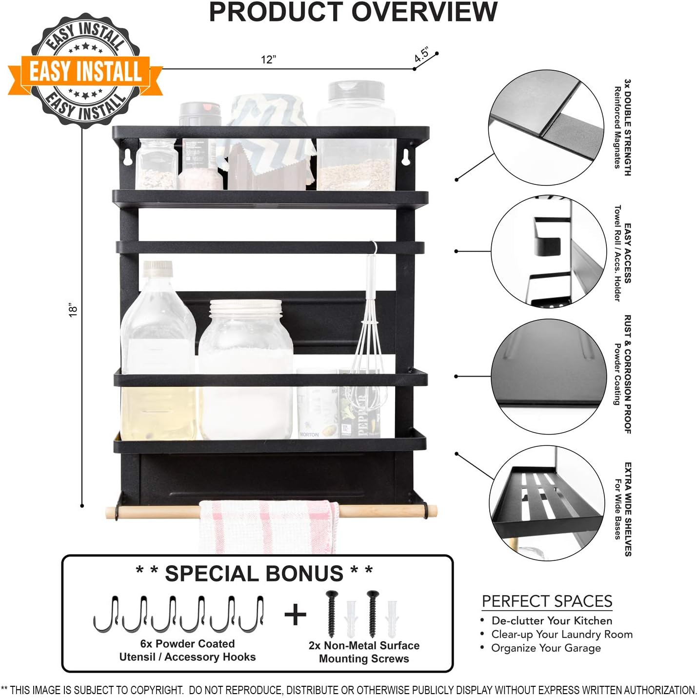 Darvish & Saints Magnetic Fridge Spice Rack Organizer [Large with 6 Utility Hooks] - 4 Tier Mounted Storage, Paper Towel Roll Holder, Kitchen Shelves, Pantry Wall, Laundry Room, Dorm, Garage [Black]: Home Improvement
