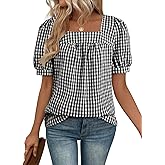 EVALESS Tops for Women Short Sleeve Tunic Blouse Square Neck Gingham Tops Cotton Blend Plaid Shirt Cute Checkered Shirt