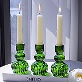 Woho Green Taper Candle Holders Set of 3 for Christmas Decorations, 4.3" H Ribbed Glass Candlestick Holders for Spring Wedding Table, Vintage Candle Sticks Holder Decor Home Decor