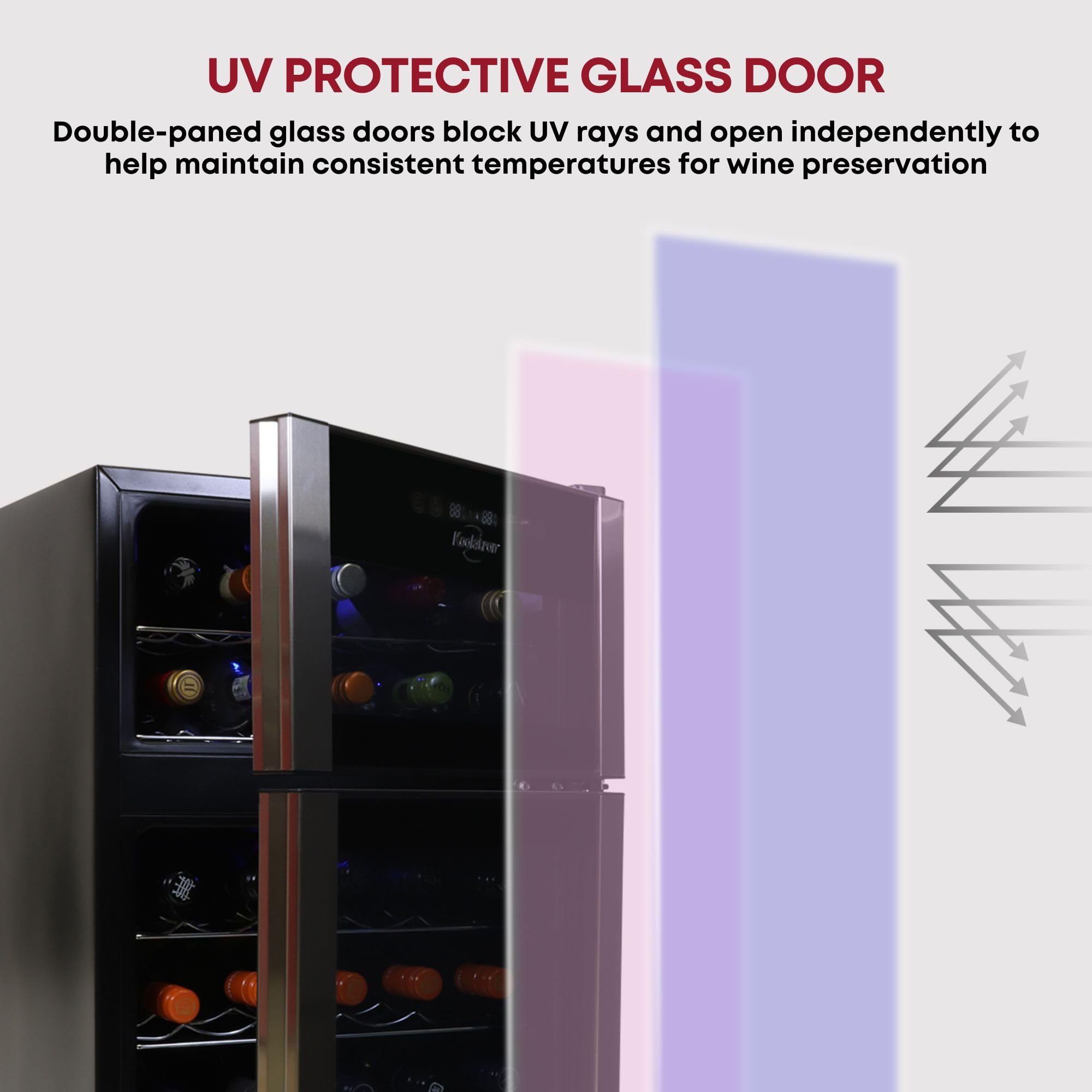 Koolatron Wine Fridge - Wine Cooler, 29 Bottle Cabinet for Champagne, Red & Whitewine, Dual Zone Freestanding Cellar For Bar, Home, Kitchen, Double Paned Glass Door, (86L)