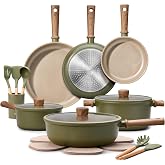 CAROTE 21pcs Ceramic Cookware Set, Pots and Pans Set, Green | Non-Toxic Healthy Kitchen Cooking Set, Easy Clean, Even Heating, Fit All Stovetops, with Silicone Lids, PFAS FREE