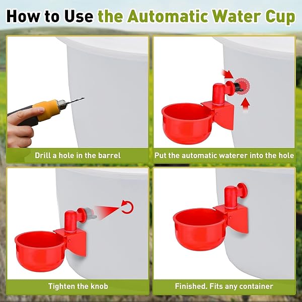 12 PCS CHICKEN FEEDER KIT AND 12 PCS WATER CUP KIT, GRAVITY POULTRY WATERER CUP AND POULTRY FEEDER PORT SET WITH HOLE SAW AND SEALING TAPE, CHICKEN FEEDER NO WASTE FOR DUCK BIRD QUAIL