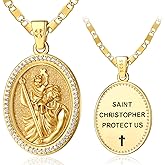 GUANMTY Patron Saint Medals, 14k Gold Plated Sterling Silver Catholic Pendant Necklace, Inlaid Cubic Zirconia, Christian Jewelry Gift For Women with 22"+2" Mariner Chain