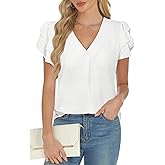 AURUZA Blouses for Women Dressy Casual, V Neck Ruffle Short Sleeve Tops Business Casual Tops Wrok Office Shirts Flowy Summer Blouse (White, S)