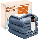 PTQ Electric Heated Blanket, Flannel & Sherpa Fast Heating Soft Fleece Heated Twin Blanket 62"x84" with 8 Heating Levels & 8H Auto Off - Blue