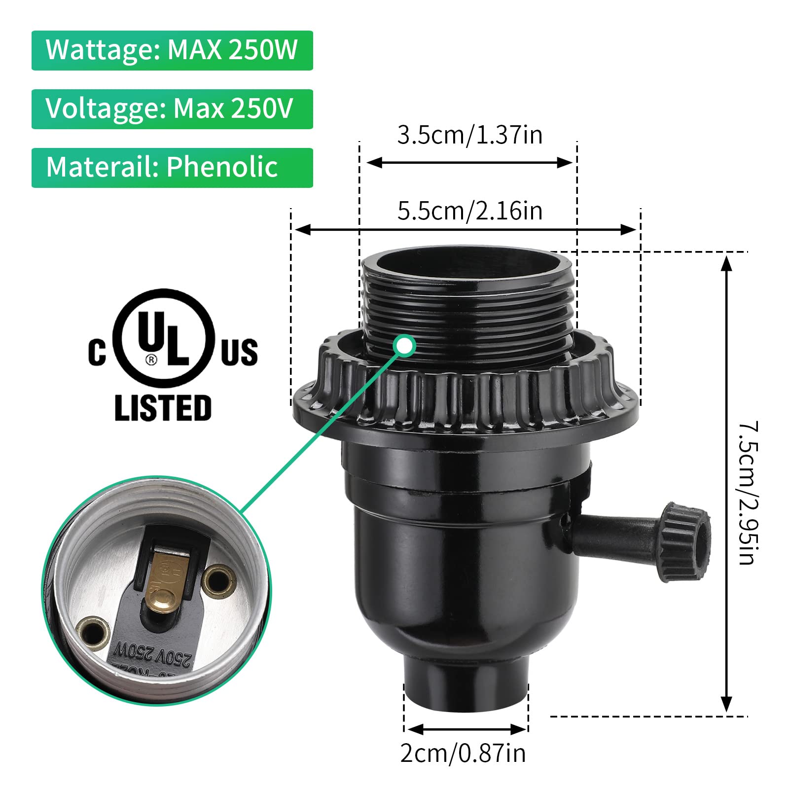 UL Listed E26 Light Socket, Lamp Socket Replacement with ON/Off Switch Medium Base Lamp Parts with 2 Lamp Socket Ring, Light Bulb Fixture Socket for Table Lamp, Floor Lamp, 1-Pack - view 2