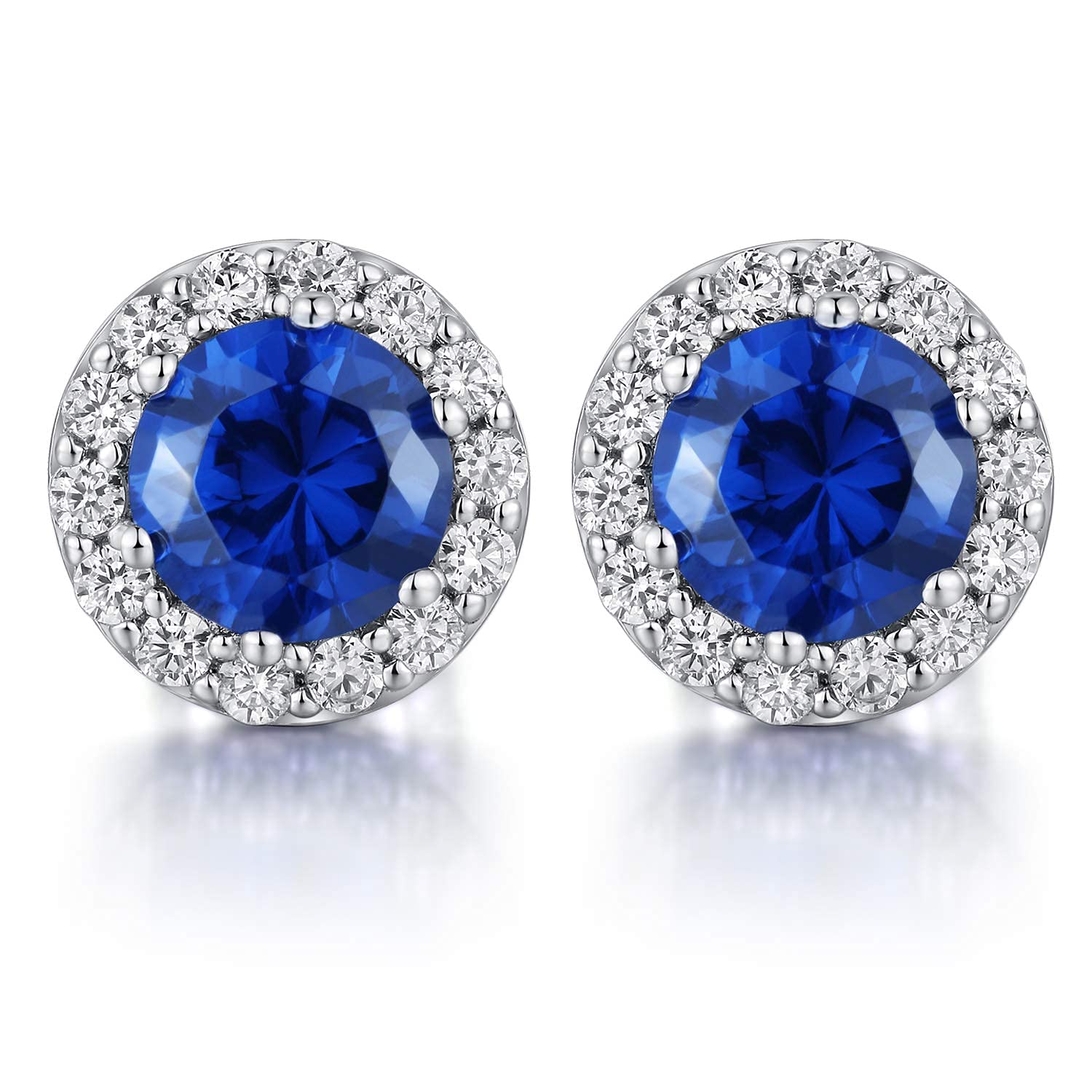 Halo Stud Earrings Blue Diamond Halo Earrings for Women Sterling Silver Sapphire Stud Earrings Fake Diamond Earrings Halo Studs CZ Silver Studs CZ Diamond Earrings Cubic Zirconia Stud Earrings