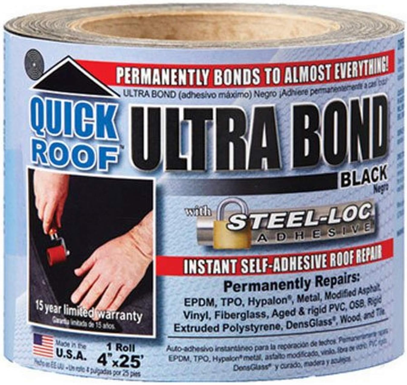 Cofairproducts inc ubb425 Quick Roof, 4 -Inch x 25 -Feet, Black Ultra Bond, With Steel-Loc Adhesive, Instant Self-Adhesive Roof Repair