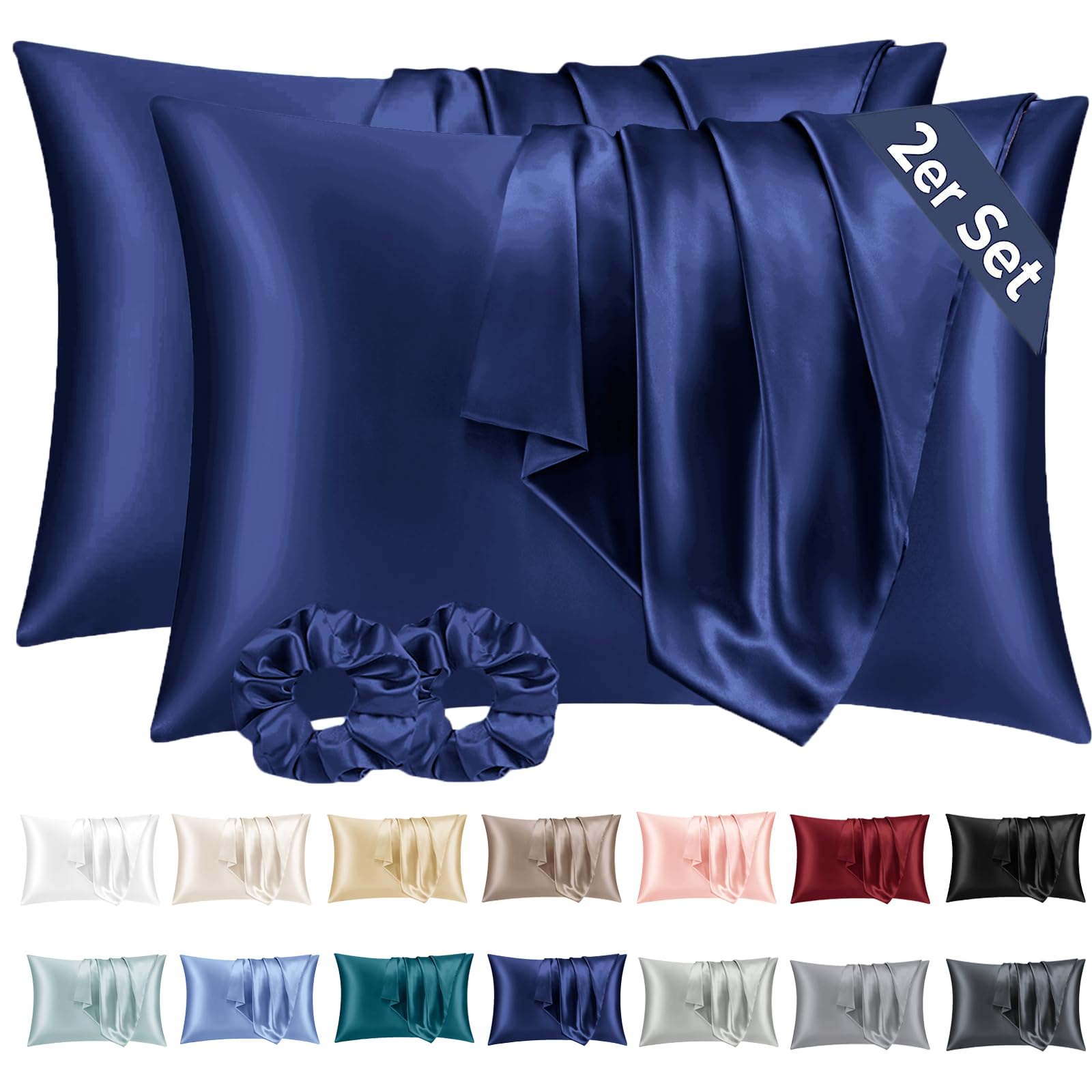 Vielit 2 Pack Satin Pillowcase 70 x 40 Navy, Soft as Silk Pillowcase for Hair and Skin Easier Care than Silk Pillow Case, Envelope Pillowcases & 2 Srunchies Gifts for Women