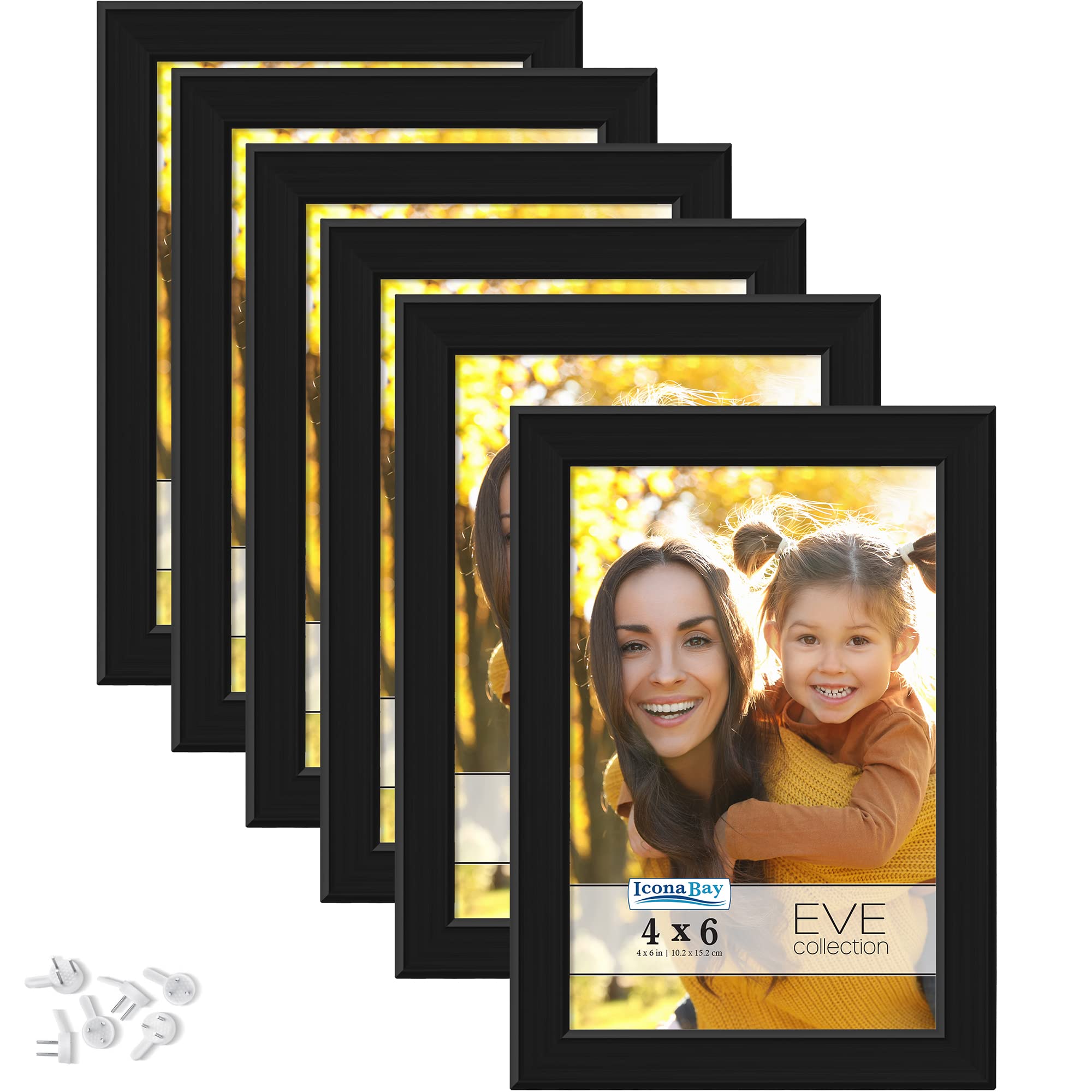 Icona Bay 6x4 Picture Frames (Black, 6 Pack), Modern Double-Bevelled Frame, Tabletop or Wall Mount, Eve Collection