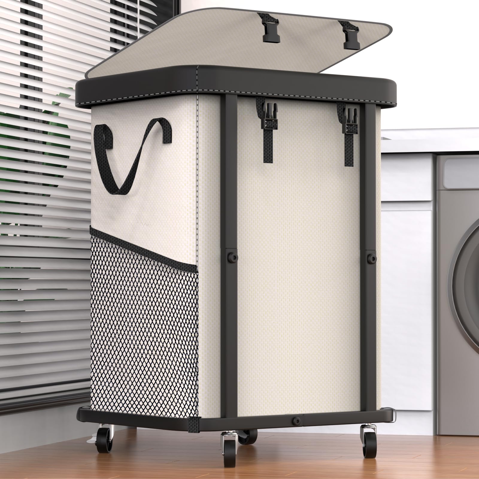 Photo 1 of *** stock photo for reference only***
Large Fashion Laundry Basket with Wheels, Leather Patchwork Rolling Hamper Carts, Sturdy Metal Frame, Removable Washable Bag, Tall Clothes Sorter for Bedroom, Laundry Room, Dorm - Beige