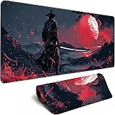 Black Desk Mat Japanese Samurai Mouse Pad XL Red Anime Big Mousepad Gaming Large Mouse Pad for Men Desk Pad with Stitched Edges Non-Slip Large Computer Mat, 31.5x11.8 in